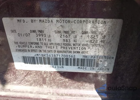 2007 Mazda Mazda3 S Touring z USA, uszkodzony, nr VIN JM1BK343871700362